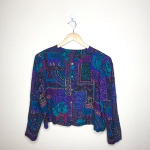 Vtg Floral Geometric Retro Abstact Button Down Blouse Large